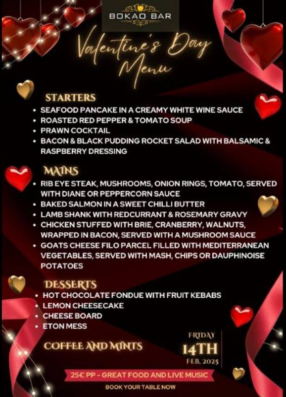 February 14 Valentine's Day dinner and music at Bokao Bar, Condado de Alhama